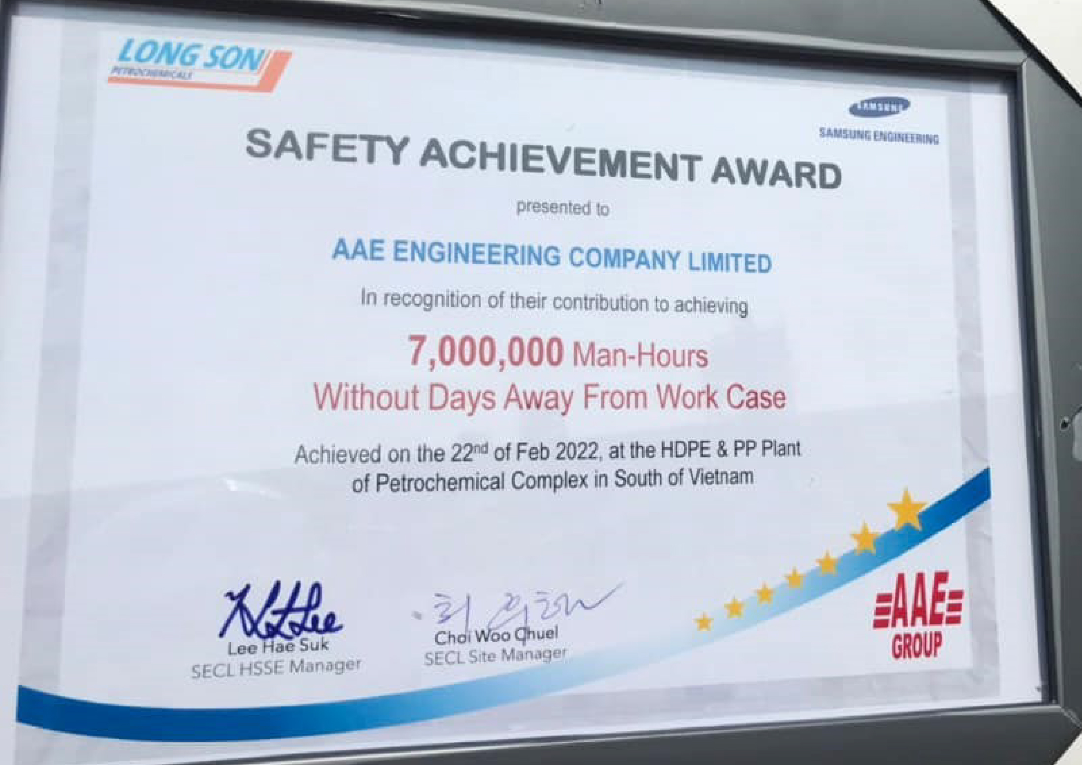7 Million Safe Man-hours for HDPE & PPE-Long Son Project